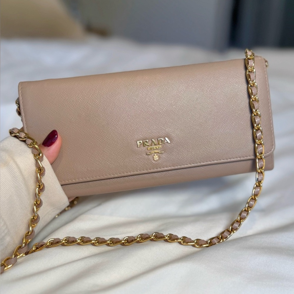 AUTHENTIC Prada Saffiano Leather Beige Wallet on Chain (box & dust bag)